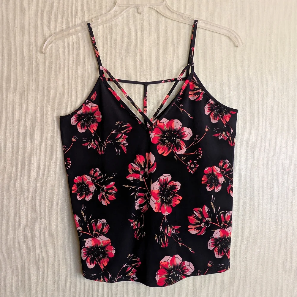 Free People Black Pink Floral Print Strappy Top Camisole V-neck Coquette
